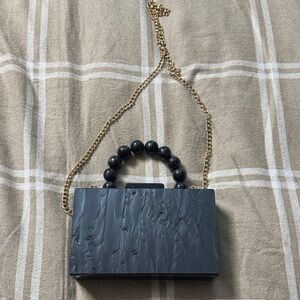 Black Beaded Handle Box Clutch with Gold Chain